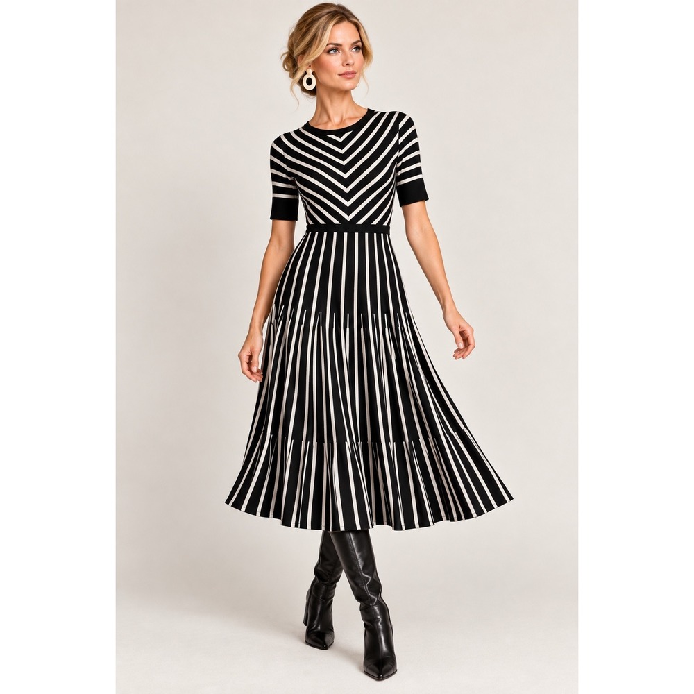 Boden Black White Striped Wool Blend Sweater Dress US 10L Mod British Prep